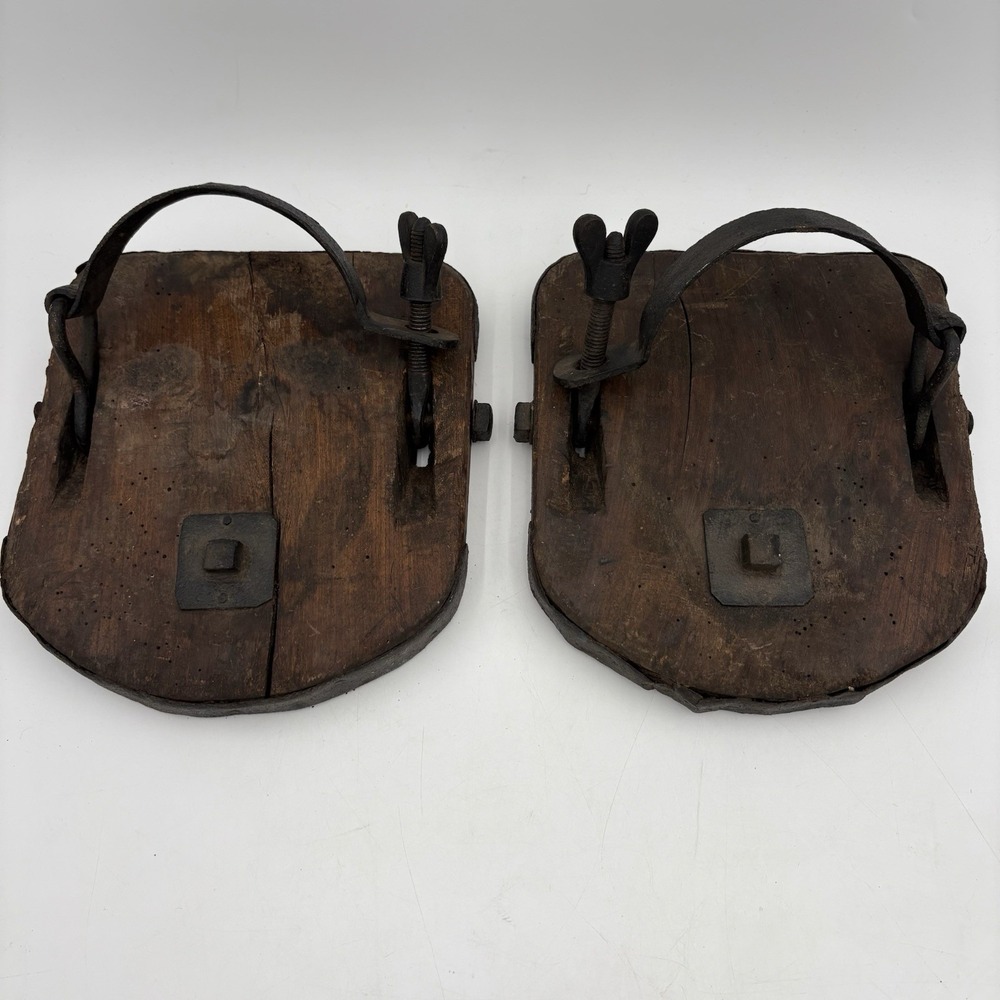 Antique Wooden Horse Oxen Shoes Pair w/ Iron Hardware‎ Primitive Farm Yoke Clogs
